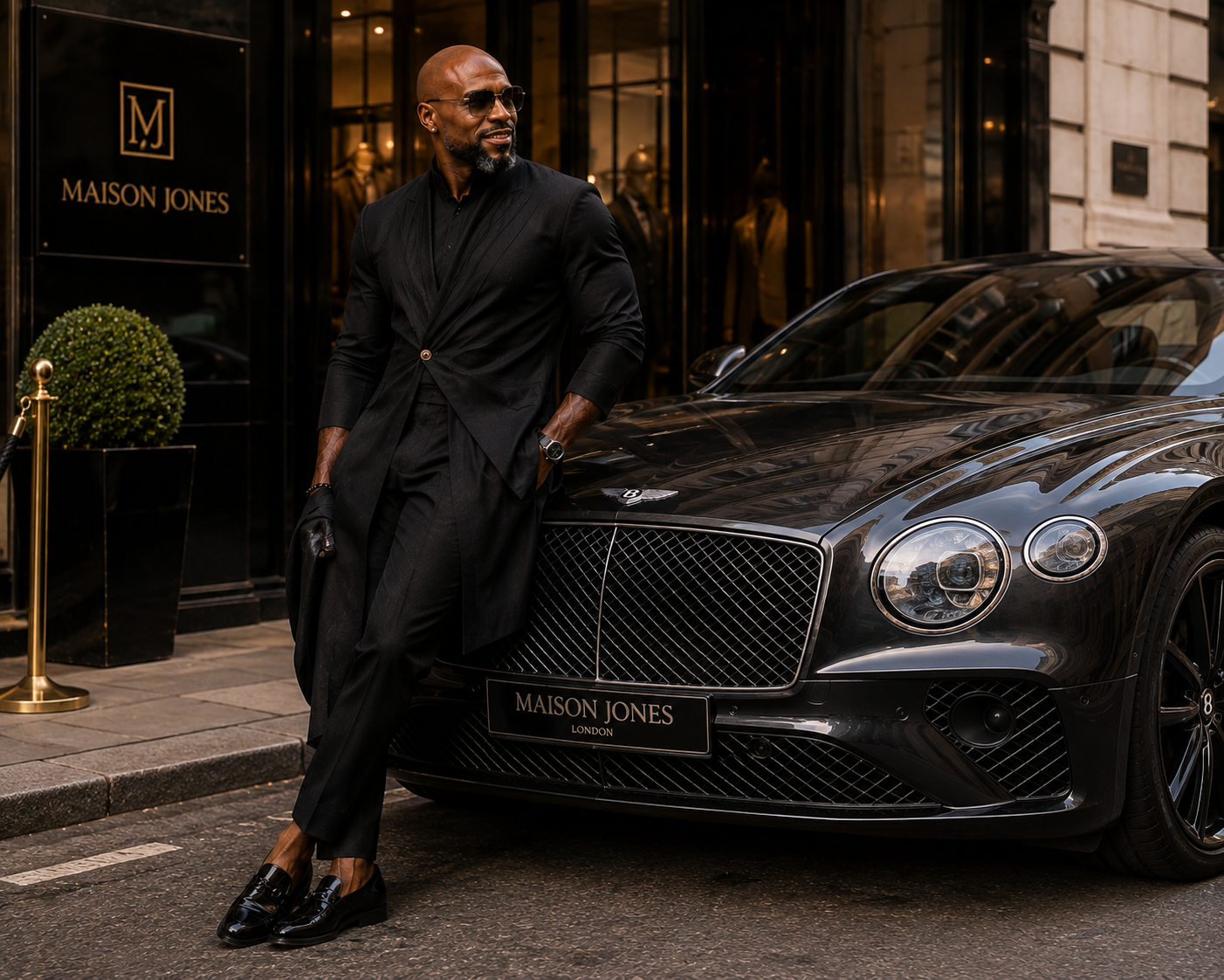 Maison Jones — a man in black tailoring beside a Bentley outside the London atelier
