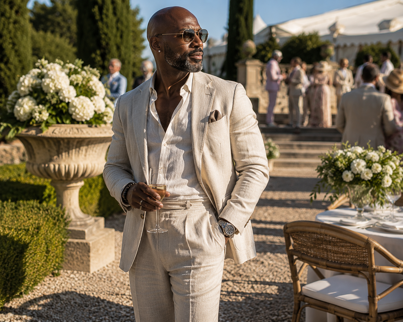 Full-length view of a cream linen suit worn to a garden wedding in Surrey
