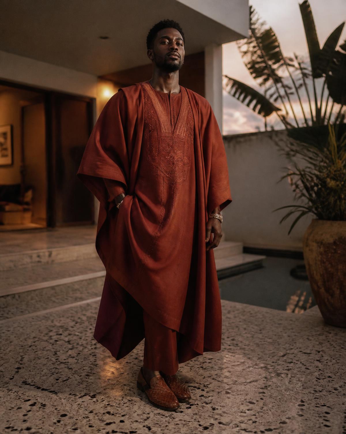 A rust agbada with tonal chest embroidery worn at an evening celebration